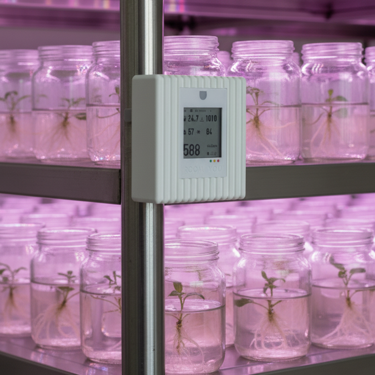 Shelving unit with jars containing plants and a digital co2 sensor.